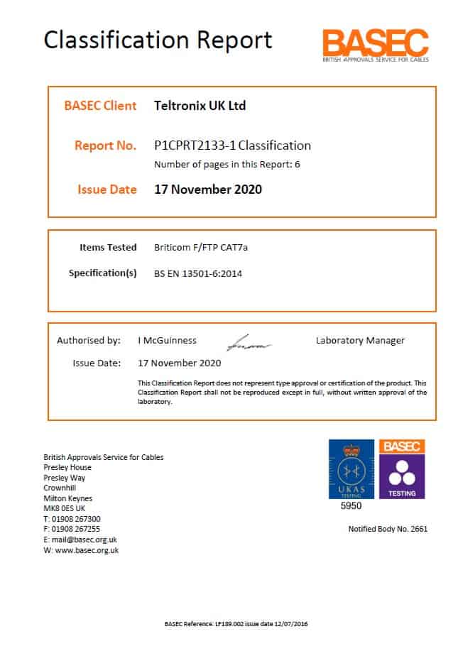 Briticom F FTP CAT7a Teltronix UK Ltd - P1CPRT2133-1 - Classification Report