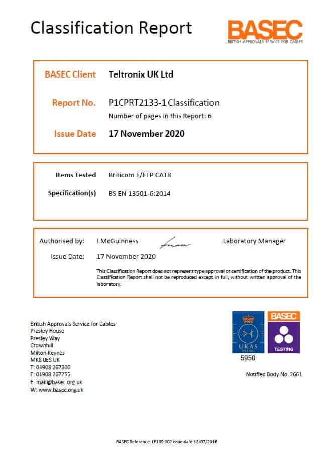 Briticom F FTP CAT8 Teltronix UK Ltd - P1CPRT2133-1 - Classification Report