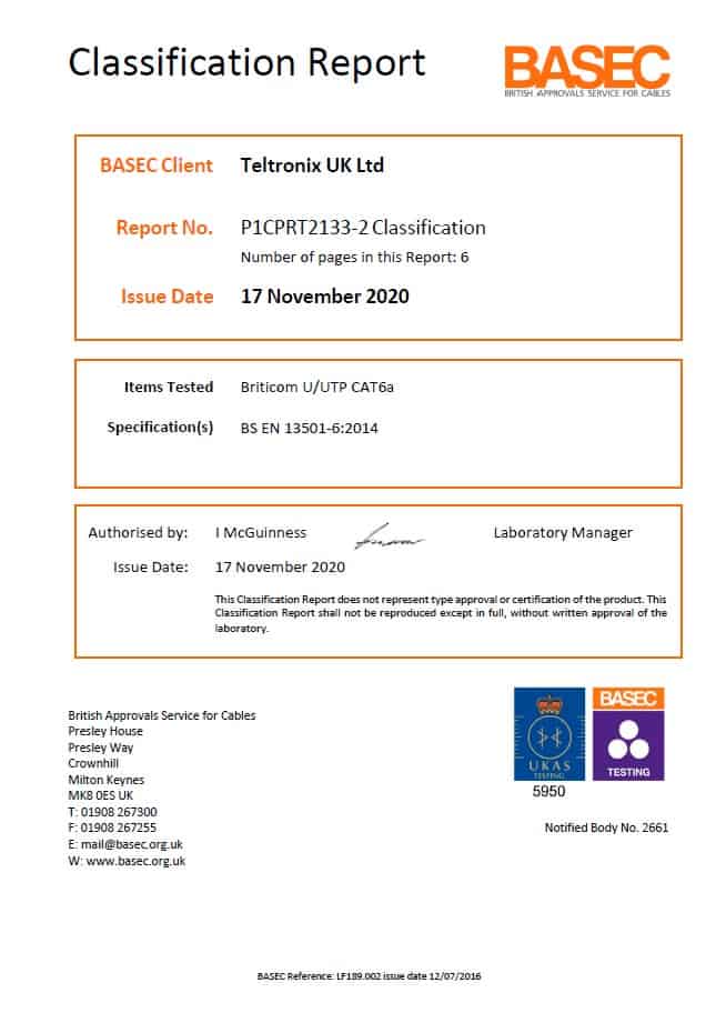 Briticom U UTP CAT6a Teltronix UK Ltd - P1CPRT2133-2 - Classification Report